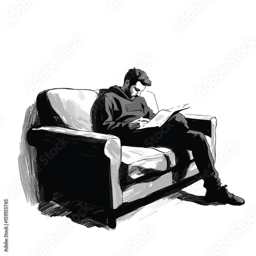 Professional Black and White Image of Faceless Man Reading on Sofa