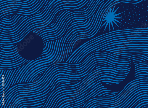 Hand drawn brush lines abstract sky with clouds, sun, moon and stars background in blue, Japanese folk, ethnic wood carving, block print texture graphic for textile, carpet, decoration