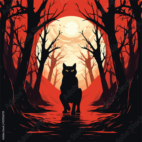 Spooky Halloween Black Cat Silhouette in Eerie Dry Forest Vector Design