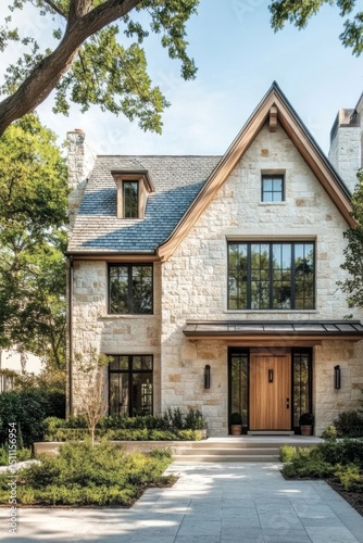 Nestled in a serene residential area  this elegant stone house boasts expansive windows that invite abundant natural light  surrounded by vibrant.