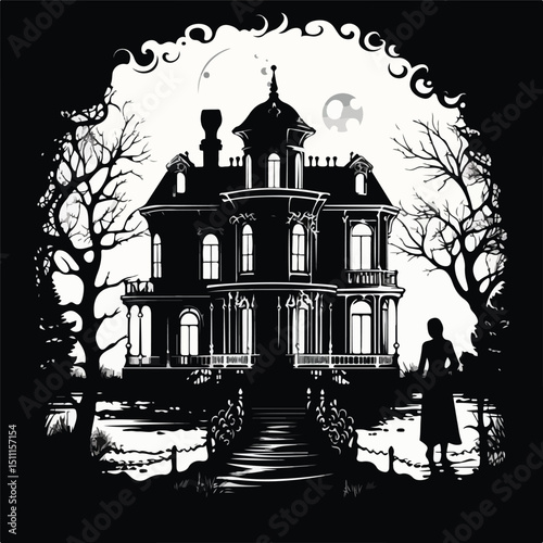 Elegant Black and White Vector Illustration of House and Couple for Professional Design Projects