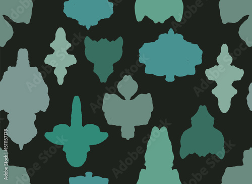 Cute hand drawn abstract symmetry organic shapes, foliages seamless pattern, Japanese folk, ethnic handcrafted background, simple graphic for textile, carpet, decoration, wrapping paper