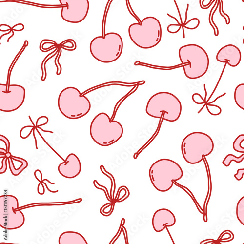 Seamless coquette pattern with pink cherries and red bows on white background. Cute and flirty hand-drawn design in romantic style. Perfect for textiles, wrapping paper, and decor. Vector.
