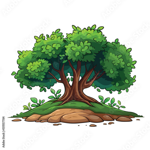 Lush Greenery with Leafy Tree and Shrubbery on Ground for Design Projects