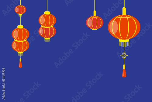 Red lantern mix. Various festival shape. Vector Chinese decoration. Blue background light.