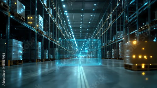 A holographic projection of a supply chain network diagram in a logistics center  business  dynamic and dramatic compositions  with copy space Generative AI 