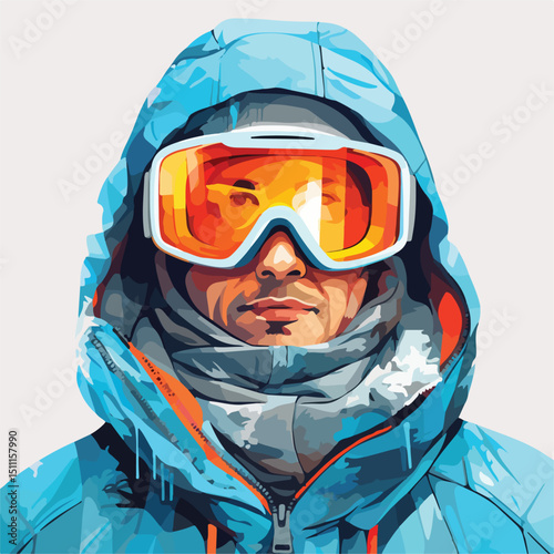 Professional Vector Illustration of Man Wearing Winter Goggles in Snowy Weather