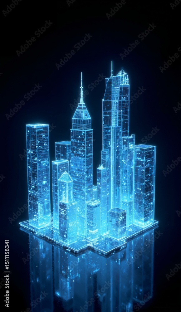Fototapeta premium Holographic Cityscape with Futuristic Skyscrapers Illuminated in Blue Light