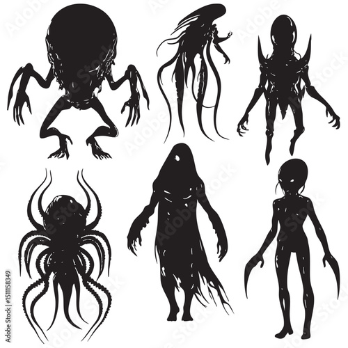alien silhouette set, Black silhouette