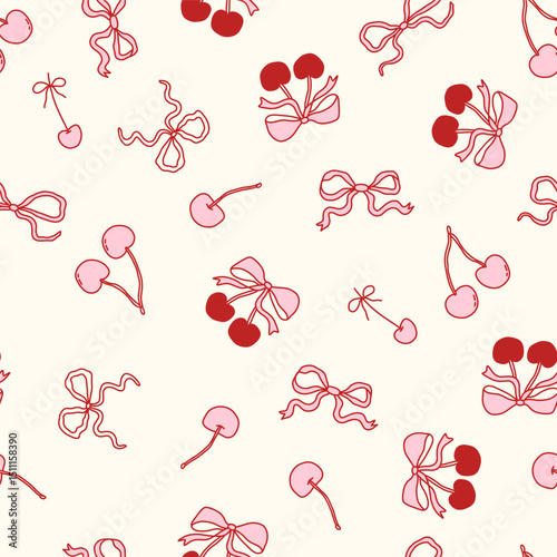 Coquette seamless pattern with pink and red cherries and cute bows on cream background. Girly and romantic hand-drawn design, perfect for fabric, stationery, packaging, and decor. Vector illustration