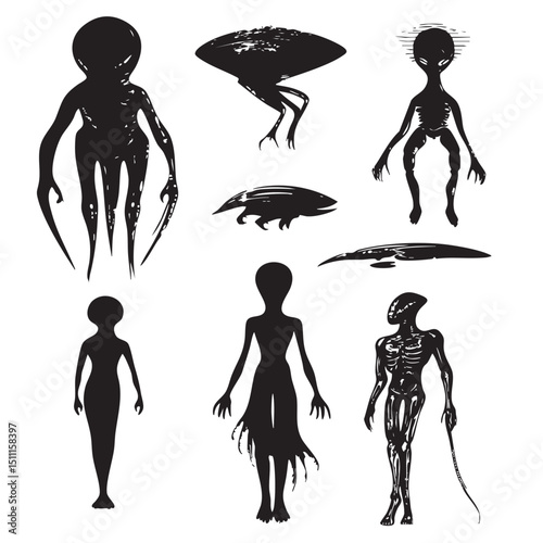 alien silhouette set, Black silhouette
