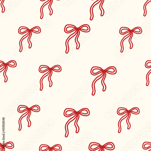 Seamless coquette pattern with hand-drawn red bows on soft cream background. Feminine, romantic and playful aesthetic. Perfect for textiles, wallpaper, packaging and girly decor. Vector illustration