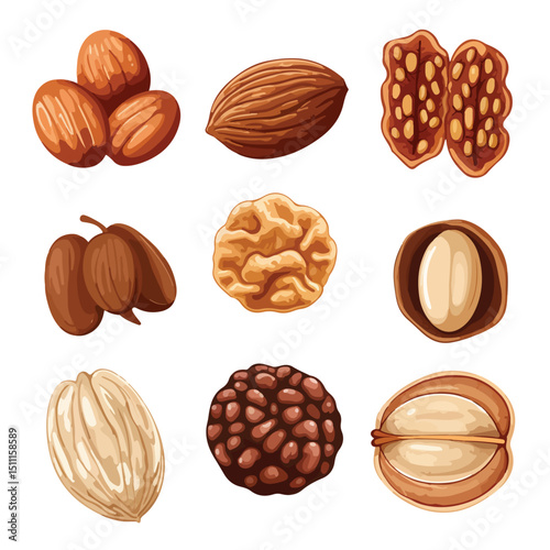 Collection of Nine Nuts and Seeds Icons for Nutritional and Culinary Designs
