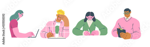 Writing people, modern flat vector concept illustrations set people writing on paper or device. Metaphor for reflection, insight, contemplation, creative expression