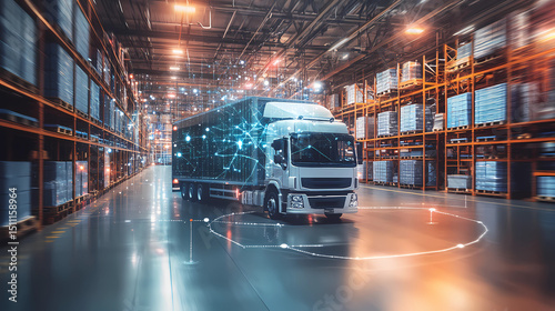 A holographic projection of a supply chain network diagram in a logistics center, business, dynamic and dramatic compositions, with copy space Generative AI	