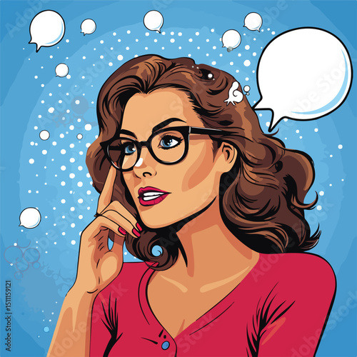 Stylish Pop Art Woman Wearing Glasses and Lost in Thought Vector Illustration