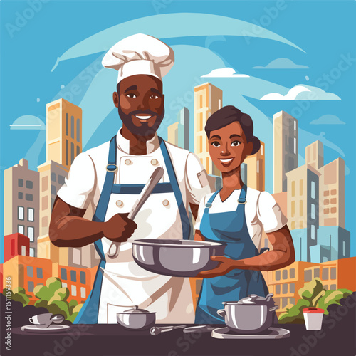 Diverse Group of Professionals at Work: Construction Workers and Chef in Action