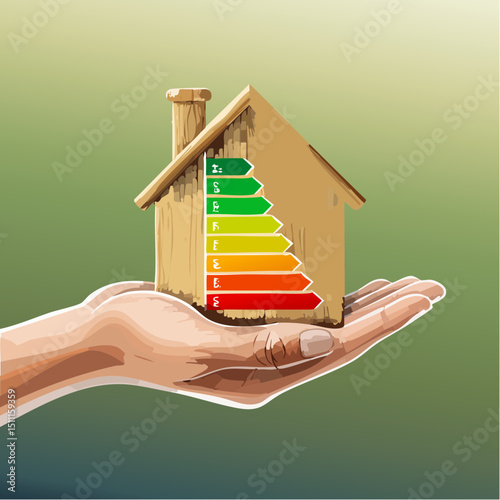 A hand holds a small house displaying a vertical energy rating chart, symbolizing eco efficiency and green living in a clean vector style.