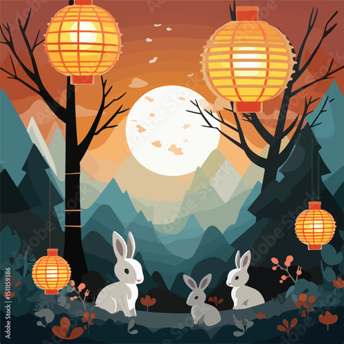 Cute Rabbits Celebrating Mid-Autumn Festival with Colorful Paper Lanterns
