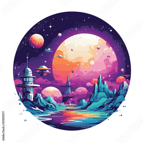 Detailed Retro Video Game Space Pixelated Scene Vector Illustration EPS for Graphic Design Projects
