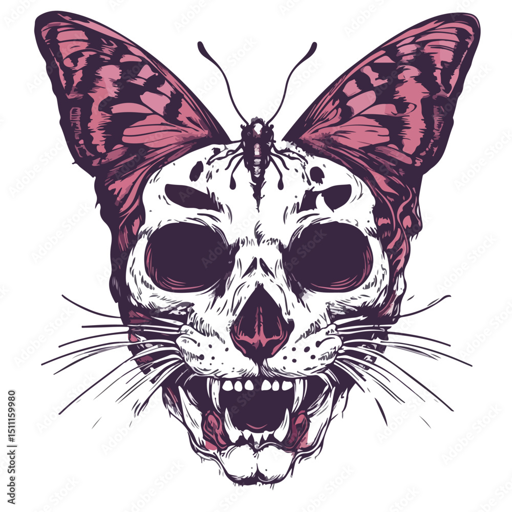 Obraz premium Graphic Illustration of Abstract Skull, Butterfly, Tiger, and Cat Tattoo Design