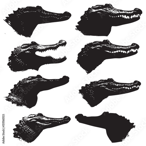alligator head silhouette set, Black silhouette