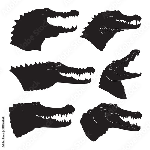 alligator head silhouette set, Black silhouette