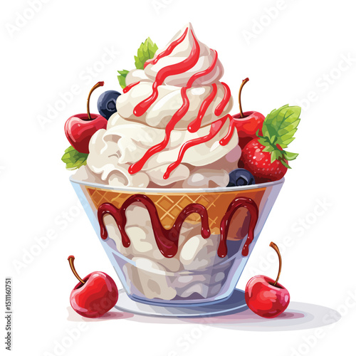 Colorful Sweet Ice Cream Sundae Fruity Icon Isolated on White Background for Designs