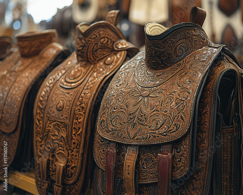 A close-up of detailed Western leatherwork on display at the Calgary Stampede market, featuring tooled saddles, belts, and cowboy boots in rich browns and burnt sienna tones
