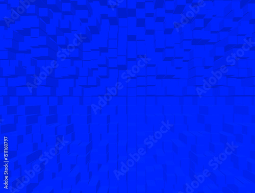 Fototapeta Naklejka Na Ścianę i Meble -  A fantasy landscape of extruded blue blocks in 3D illustration. 3D blue abstract background with extruded rectangular blocks arranged in a grid-like pattern. The perspective creates a tunnel-like effe