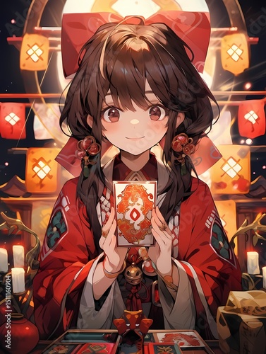A young woman in a vibrant red kimono, holding a card with a dragon design, sits at a table set with lanterns and candles, exuding a warm smile and festive atmosphere.