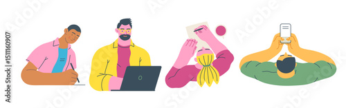 Writing people, modern flat vector concept illustrations set people writing on paper or device. Metaphor for reflection, insight, contemplation, creative expression