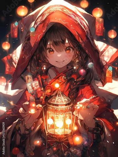 Anime girl with red eyes, twin braids, holding warm glowing lantern, surrounded by floating lanterns, celebration atmosphere