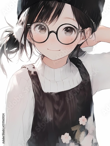 Anime illustration of a young girl with black hair, glasses, and mole, smiling warmly, black hat, white turtleneck, floral apron.