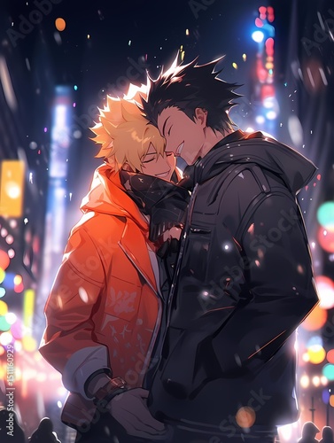 Two young men anime illustration under Christmas lights.