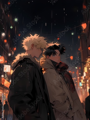 Two young men standing in city