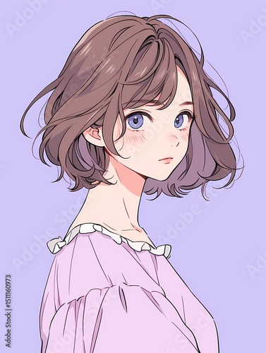 Young woman brown hair blue eyes purple background subtle blush portrait