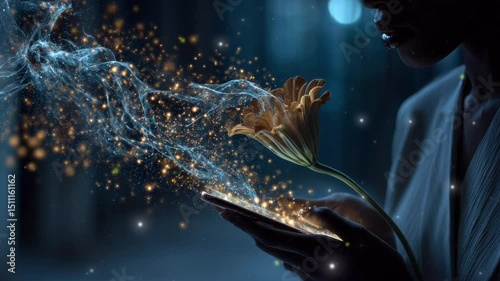A woman holding a flower that wilts instantly under a smartphone flash. Concept of beauty distorted by digital exposure.