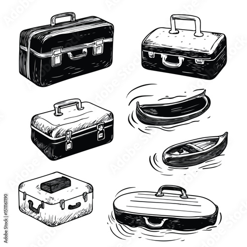 Black and White Vector Illustration of Travel Suitcases and Float for Creative Designs