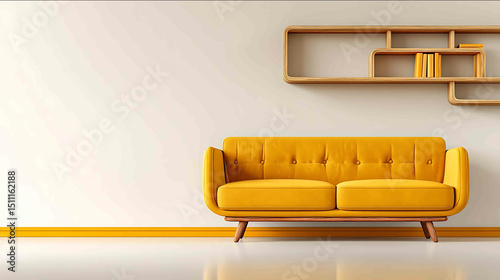 Minimalist bookshelf beside a modern sofa warm lighting empty upper half for ad text crisp details with White background photo