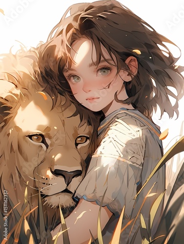 Anime young girl in field of tall grass, looking at viewer, majestic lion looking back, steady gaze
