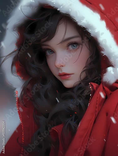 Young woman in red hooded coat snowy environment