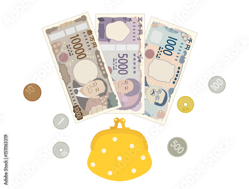 新札と硬貨とがま口財布のお金や家計をイメージしたイラスト