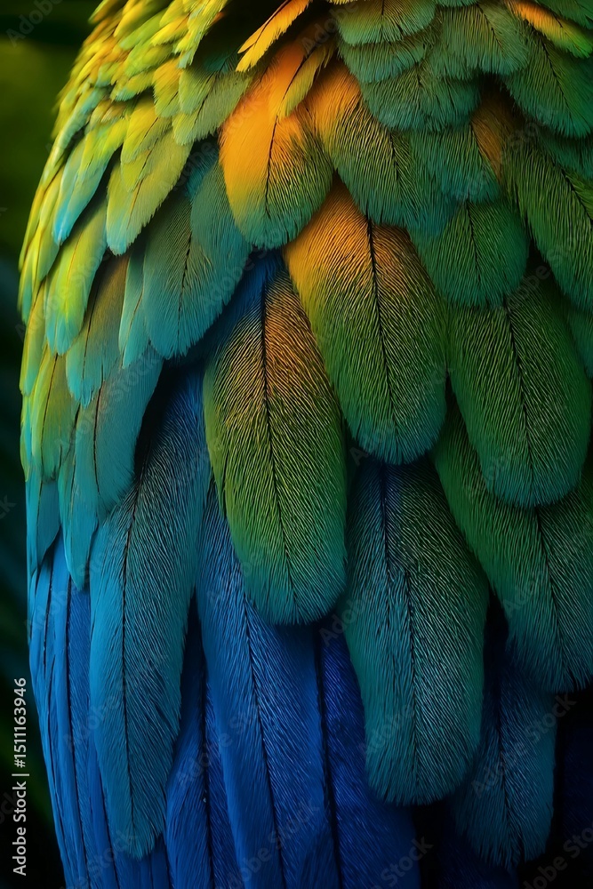 Fototapeta premium Exotic Avian Splendor: a macro image of a macaw's feather showing bright blue, green, and yellow feathers in exquisite detail. Evoking feelings of vibrant energy.