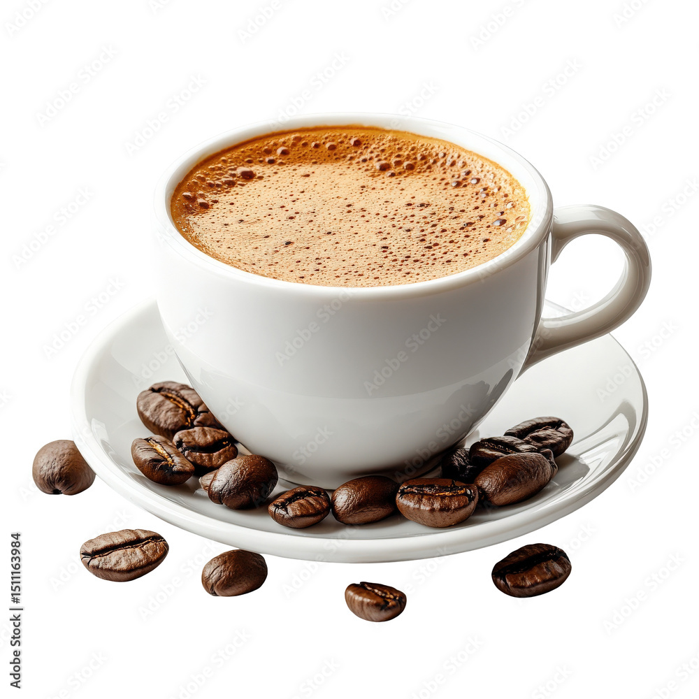 Fototapeta premium Aromatic Coffee Delight: A Cup of Rich Brew Surrounded by Roasted Coffee Beans