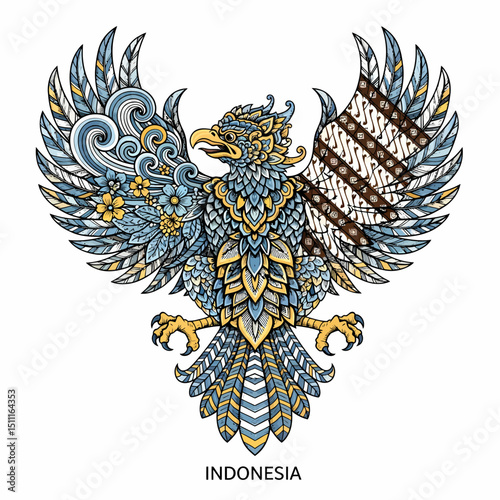 Indonesia Garuda Pancasila Bird Detailed Batik Pattern Illustration
