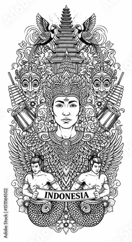 Indonesia Traditional Culture Detailed Artwork of Temple Woman Illustration