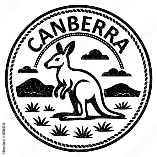 Canberra, Australia stamp with kangaroo illustration, vintage travel stamp on transparent background, vector black