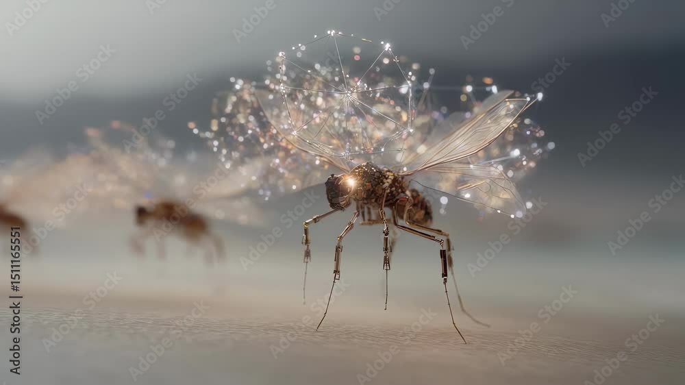 Microscopic nanobots with quantum dot wings executing precise, insect like flight, embodying advanced nanotechnology and bio inspired robotic engineering principles