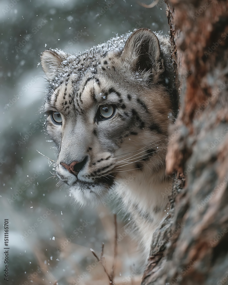 Fototapeta premium Snow Leopard in Winter Woods.